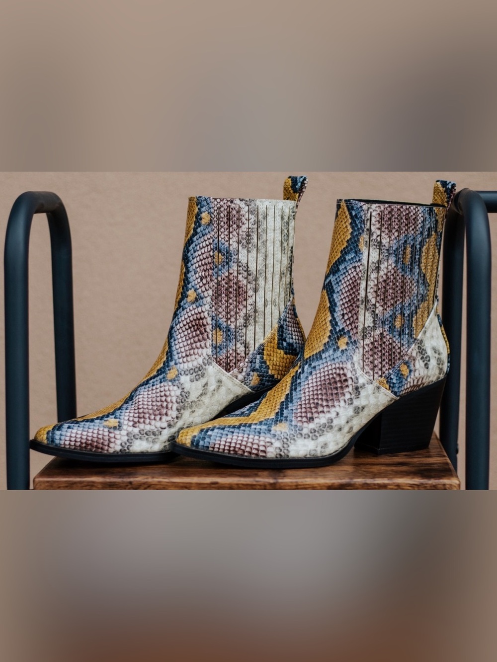 Snake-Print Chelsea Booties in Mustard, Blue & Cream